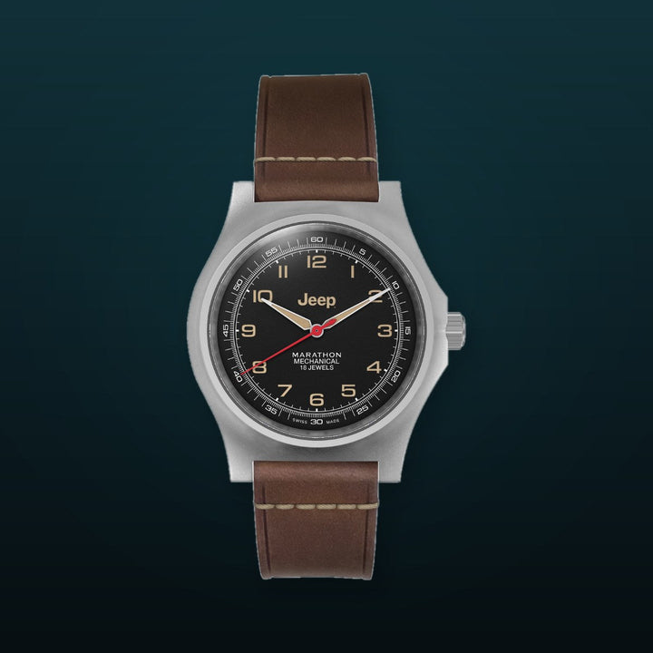 41mm JEEP WILLYS VINTAGE OFFICER'S MECHANICHAL COLOUR: SS/HERITAGE 3PC CRAZY HORSE LEATHER JEEP GPM | Black Dial