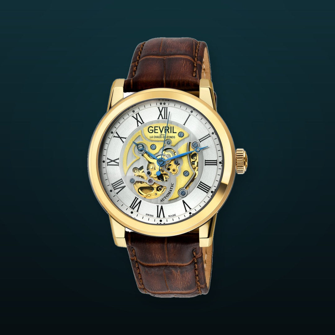 Vanderbilt Swiss Automatic Skeleton IP Gold/Silver,Brown  band Silver Dial