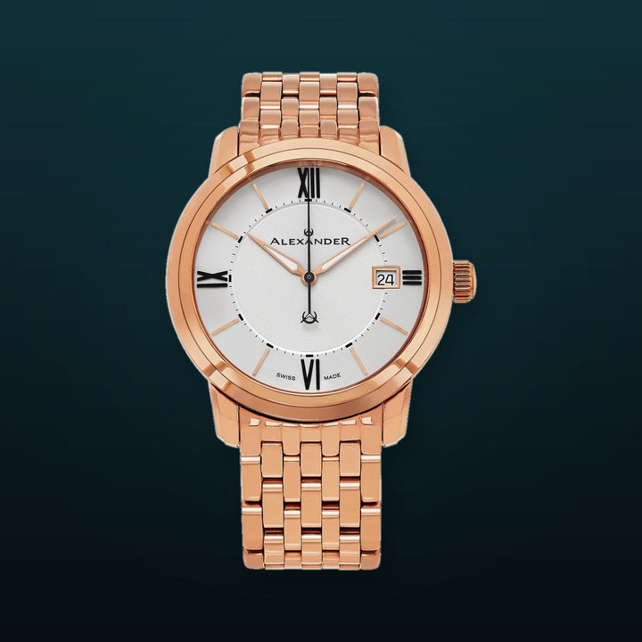 Macedon A111B Stainless Steel Rose Gold Tone Case on Stainless Steel Rose Gold Tone Bracelet, Silver Dial | Silver Dial