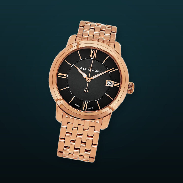Macedon A111B Stainless Steel Rose Gold Tone Case on Stainless Steel Rose Gold Tone Bracelet, Black Dial | Black Dial
