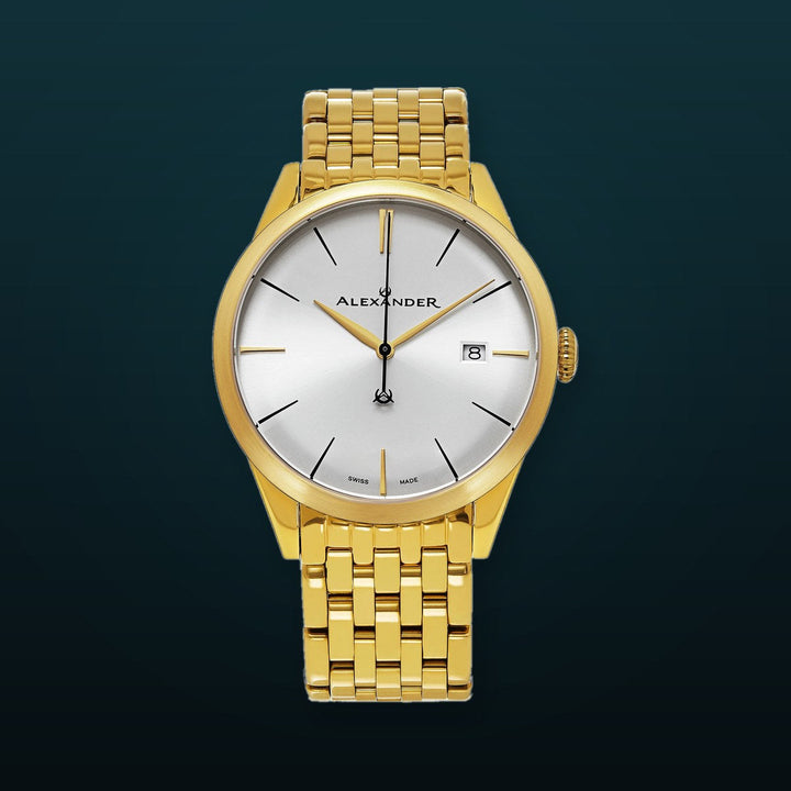 Sophisticate A911B Stainless Steel Rose Yellow Tone Case on Stainless Steel Yellow Gold Tone Bracelet, Silver-sunburst Dial | Silver Dial