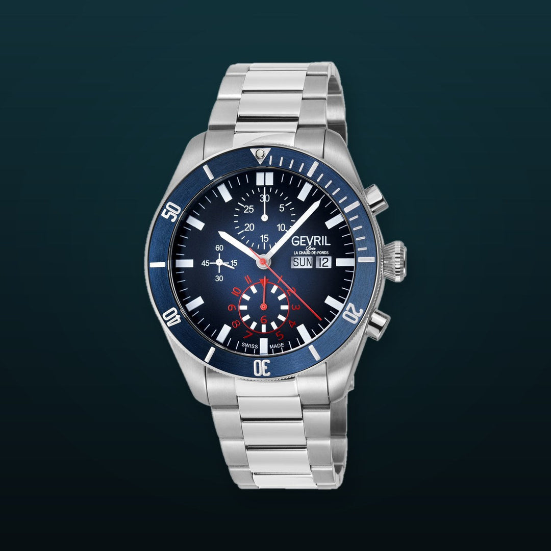 Yorkville - Chronograph Gevril Yorkville Swiss Automatic Chronograph  Watch, SS Case, Blue bezel, Blue Dial | Blue Dial