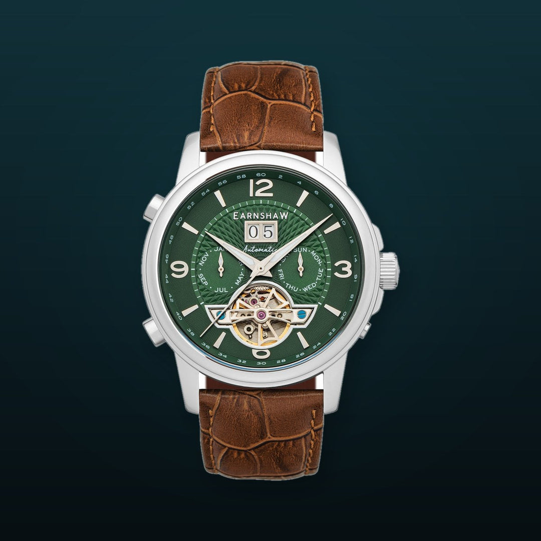 City Of London Marylebone Grand Date Calendar Open Heart Automatic Green / Genuine Leather Strap Green Dial