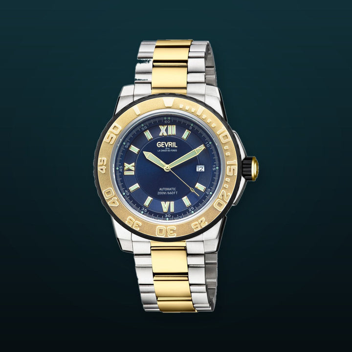 Seacloud Gevril Two tone Stainless Steel Gold Tone Blue Dial Luminous Hands Swiss Made Automatic Bracelet Date Watch | Blue Dial