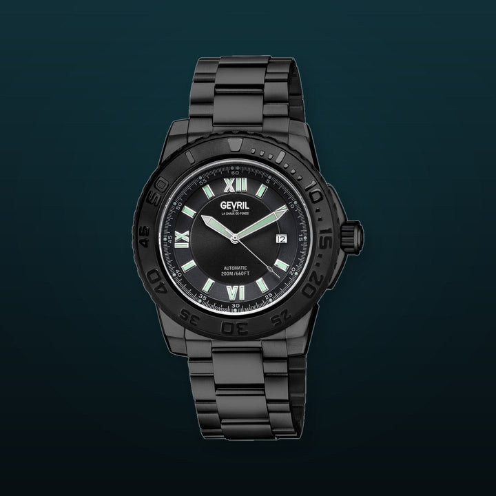 Seacloud Gevril Black PVD Black Dial Luminous Hands Swiss Made Automatic Bracelet Date Watch | Black Dial