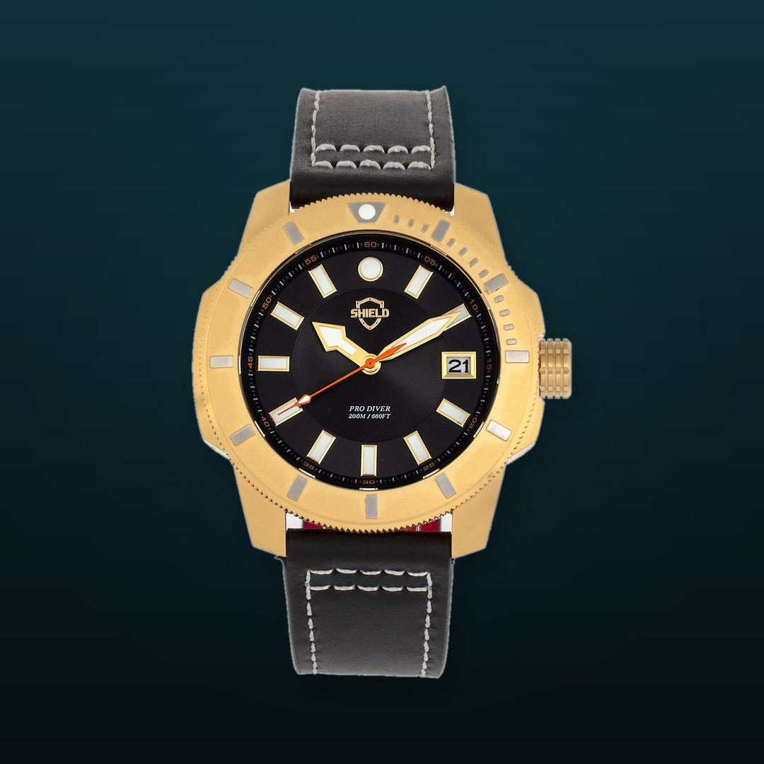 Shaw Pro Diver, 20ATM, Screw Down Crown, Swiss Super Lume Gold/Black | Black Dial