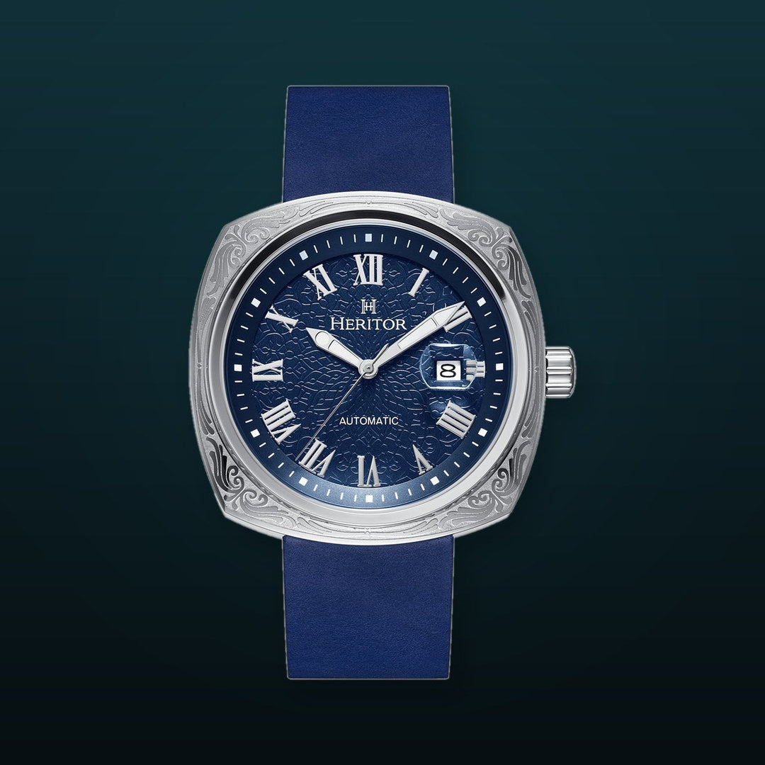 Davenport Engraved-Case Leather-Band Watch w/ Date Silver/Blue | Blue Dial
