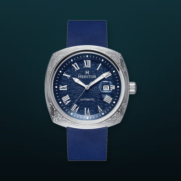 Davenport Engraved-Case Leather-Band Watch w/ Date Silver/Blue | Blue Dial