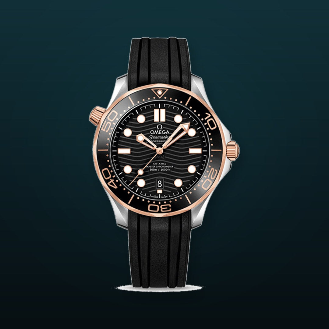 Omega Seamaster Diver 300M 42mm Steel & Sedna Gold Black Dial on Rubber