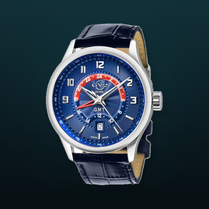 Giromondo GV2 By Gevril Mens Giromondo Stainless Steel Case Blue Dial Swiss Quartz Blue Calfskin Leather GMT Date Watch | Blue Dial