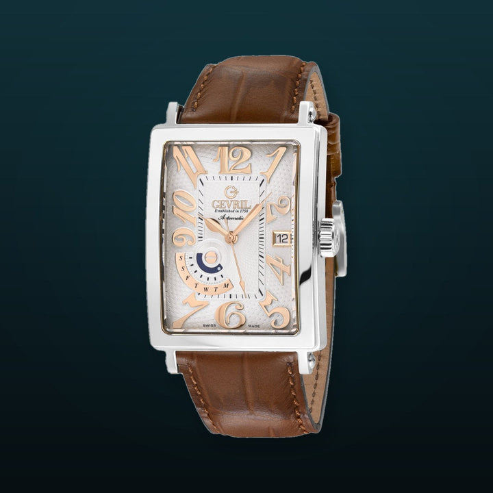 Avenue of Americas Gevril Men's Avenue of America's SS Case, Silver Dial, Genuine Italian Handmade Leather Strap | White Dial