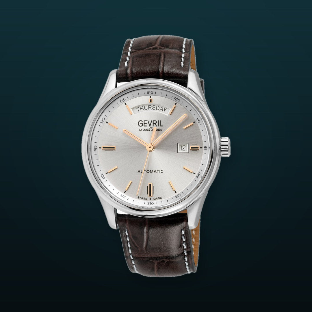 Excelsior Swiss made Automatic Sellita SW240, Silver Dial, Day/Date, Brown Leather strap | Silver Dial
