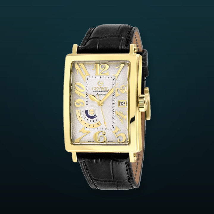 Avenue of Americas Gevril Men's Avenue of America's IPYG Case, Silver/Gold Dial, Genuine Italian Handmade Leather Strap | White Dial