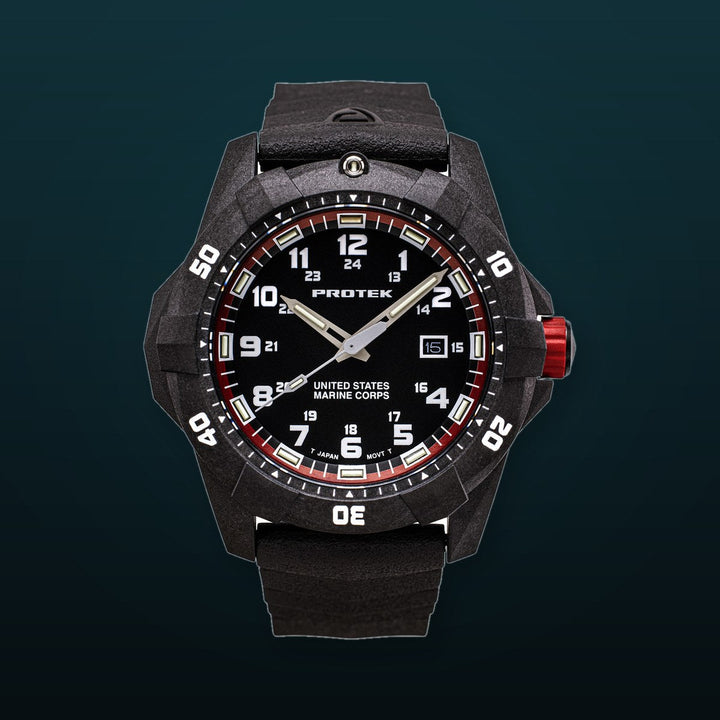 USMC Carbon Dive CARBON CASE/BLACK & RED DIAL/BLACK STRAP | Black / Red Dial