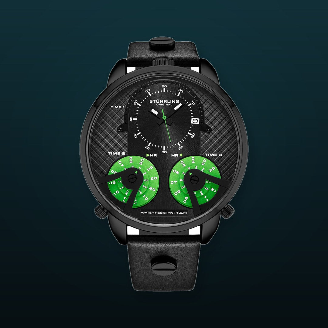 TerraTime Triple-Time Quartz 50mm Black/Green | Black Dial
