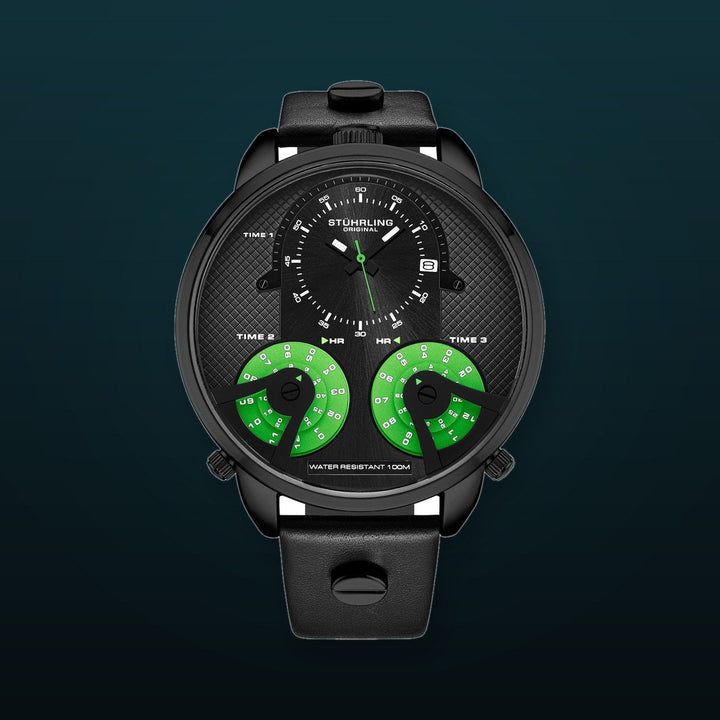 TerraTime Triple-Time Quartz 50mm Black/Green | Black Dial