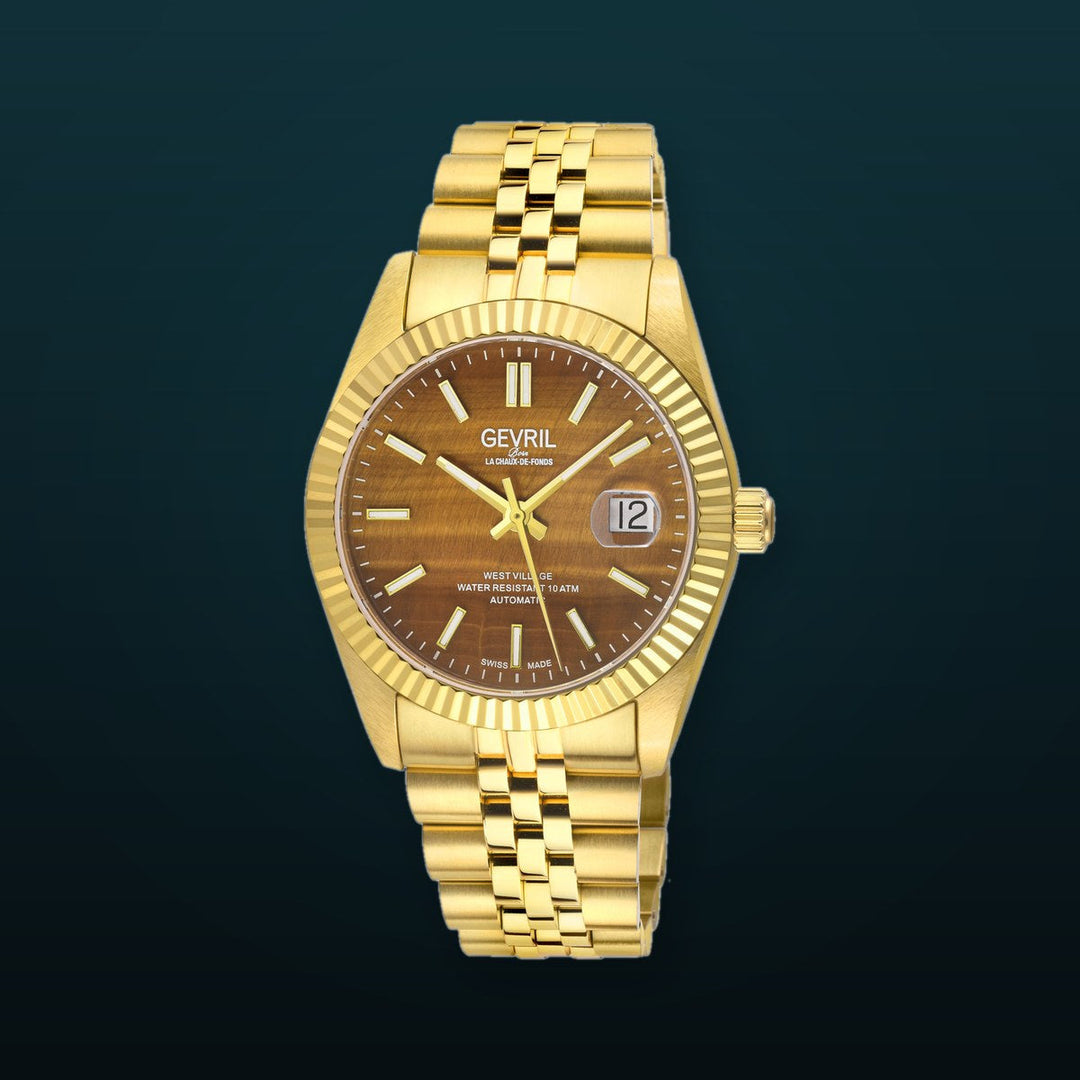 West Village Automatic Gevril Men's Automatic West Village Brown Tiger Eye Dial Stainless Steel Bracelet | Brown Dial