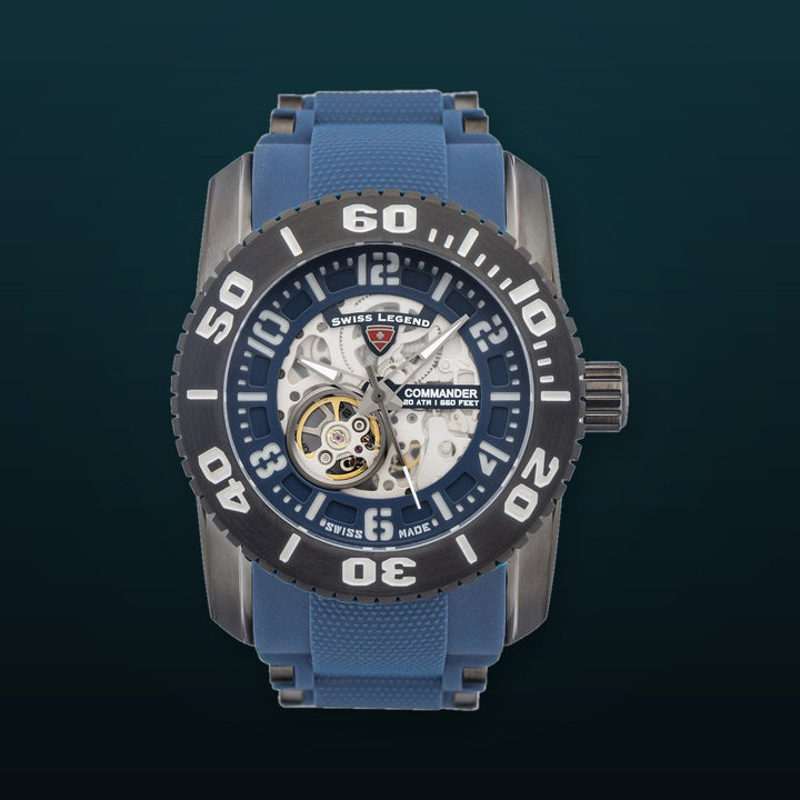 COMMANDER- SWISS MADE AUTOMATIC Gun IP Blue Strap | Blue Dial