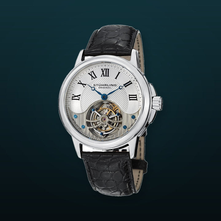 Tourbillon Silver case/Alligator strap/ Brass Dial | Silver Dial