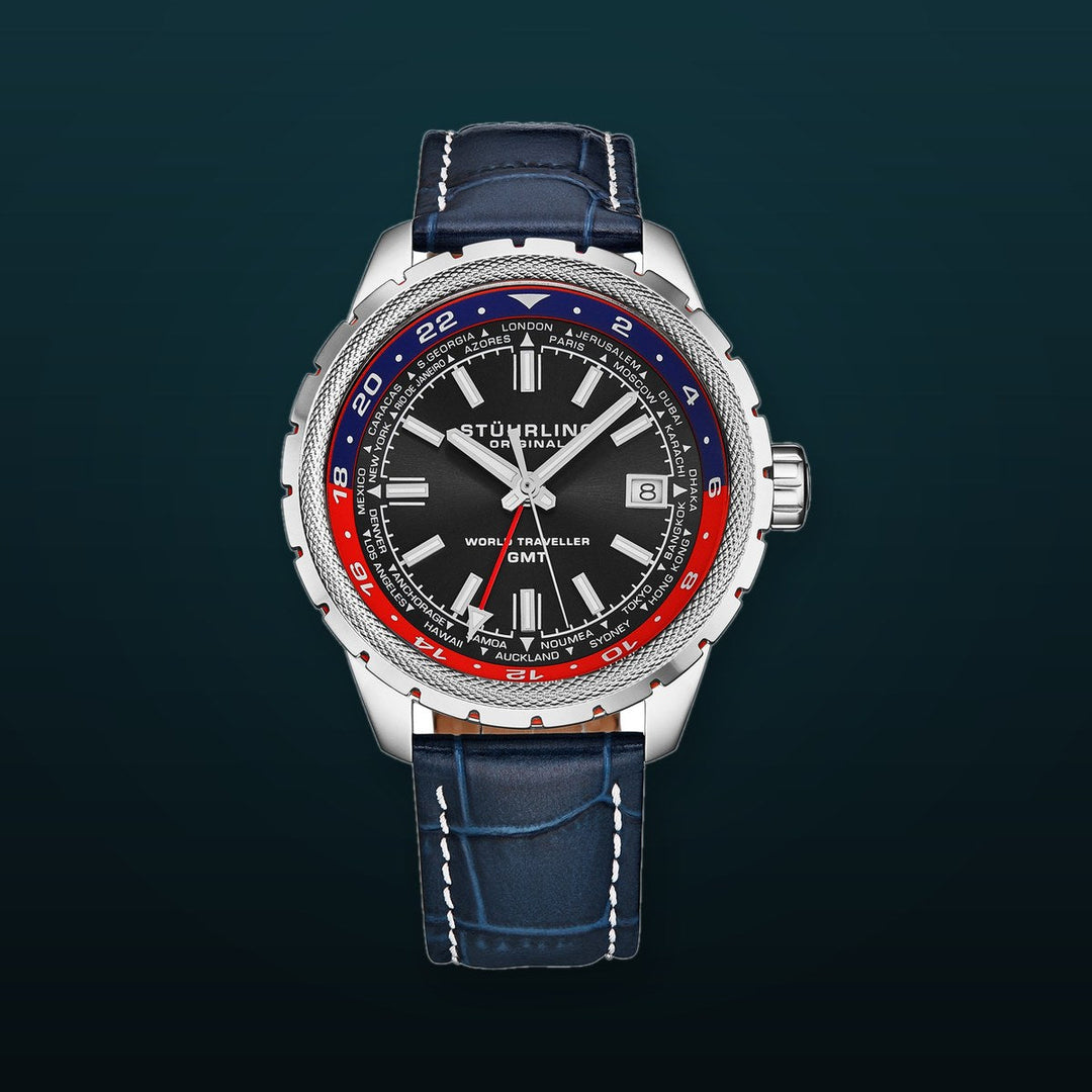 Global Voyager GMT 42mm World Timer Watch Blue/Leather | Black Dial