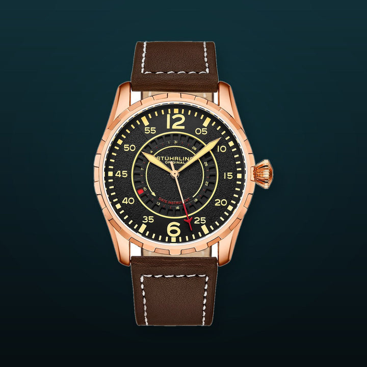 Aviator 4002.5 Rose Gold case/Leather strap/ Brass Dial | Black Dial