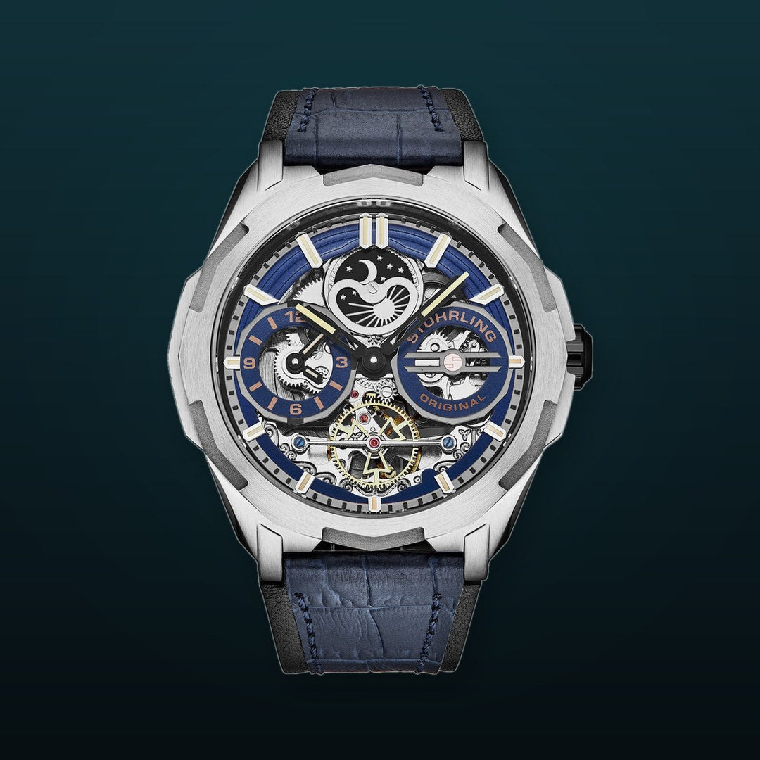Dual Time Automatic Navigator 46mm Skeleton Blue/Leather | Blue Dial