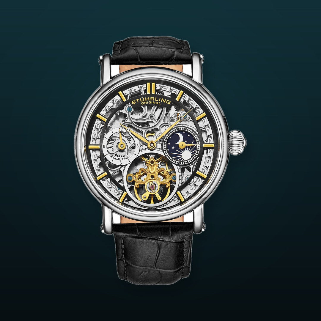Legacy Automatic 43mm Skeleton Silver Case/ Black Leather Strap | Black Dial