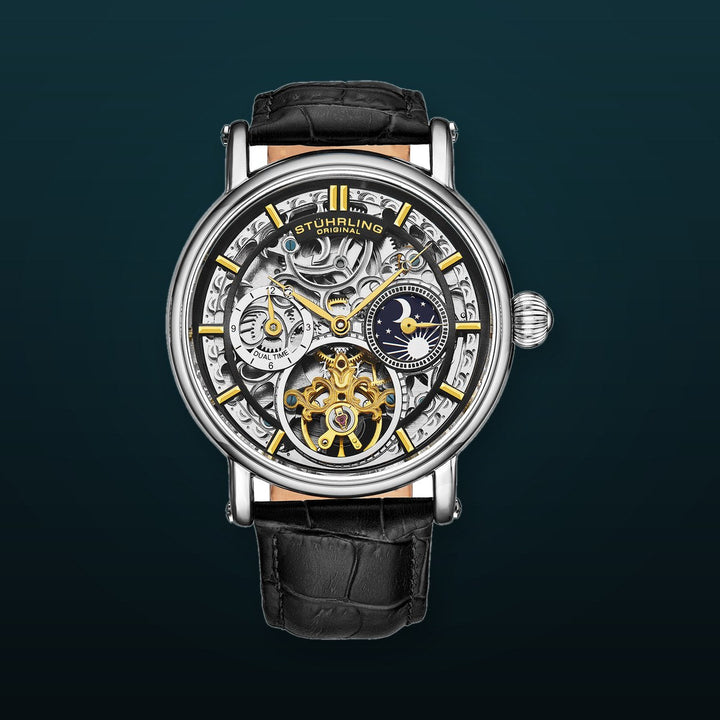 Legacy Automatic 43mm Skeleton Silver Case/ Black Leather Strap | Black Dial