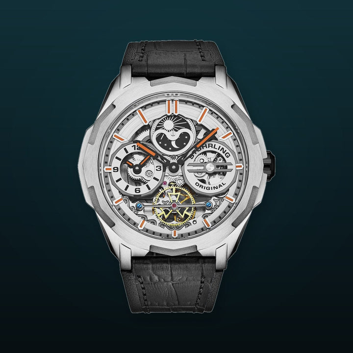 Dual Time Automatic Navigator 46mm Skeleton Silver/Leather | Silver Dial
