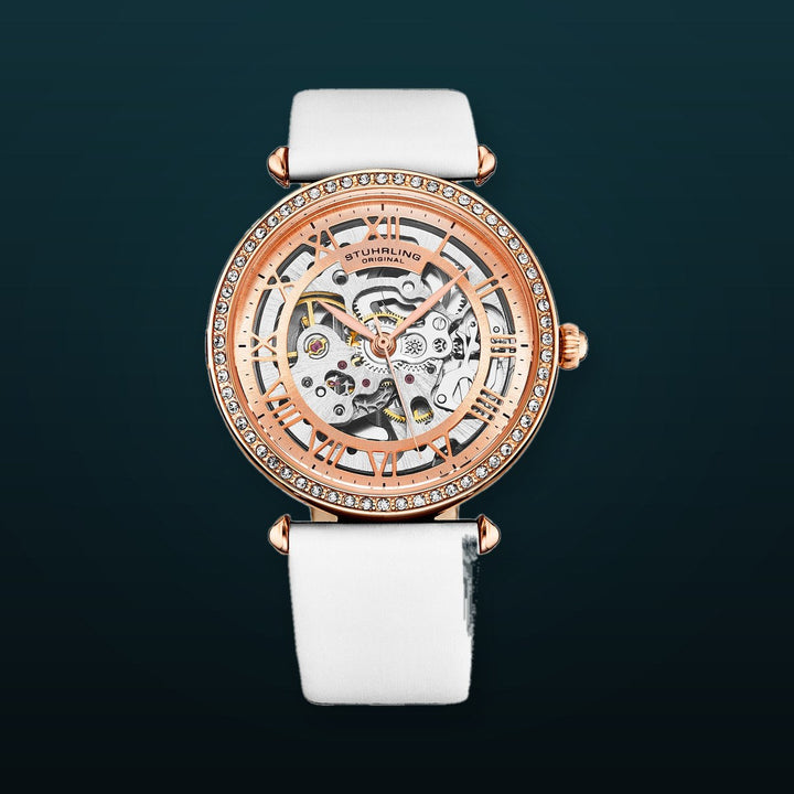 Luxe Automatic Skeleton White/Leather | Rose Dial