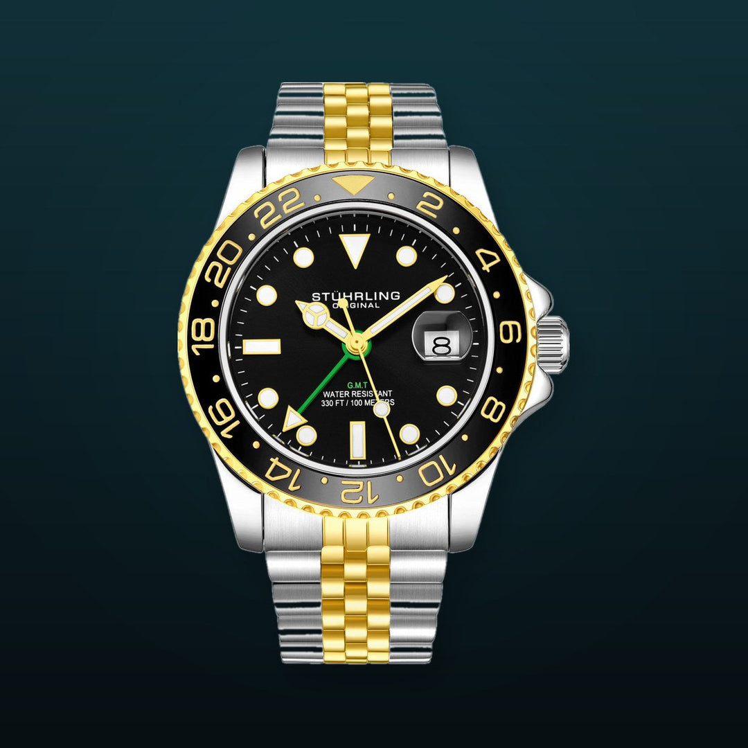Aquadiver GMT Two Tone / Black + Gold Bezel | Black Dial