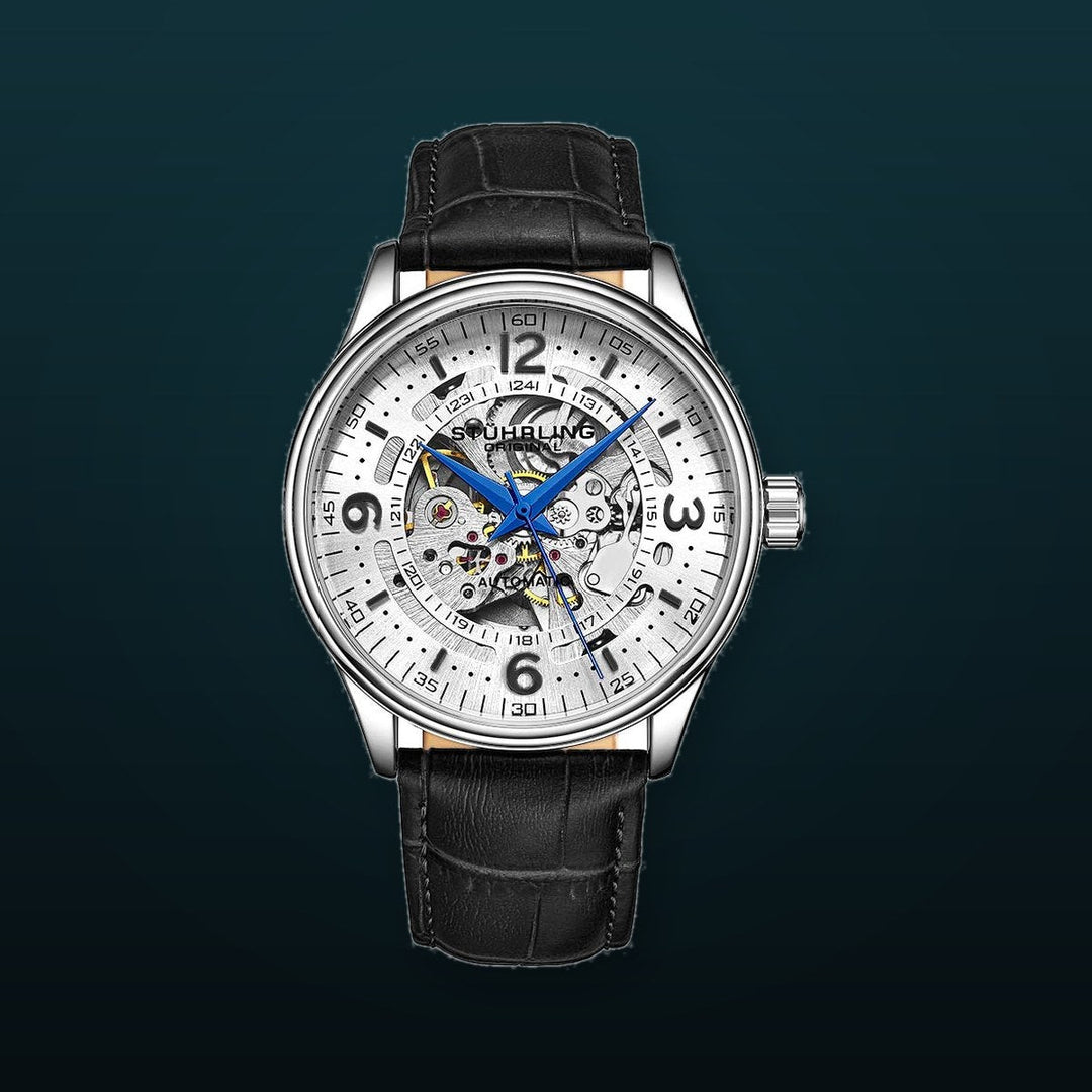 Denmark 3947 Automatic 42mm Skeleton Black/Leather | Silver Dial
