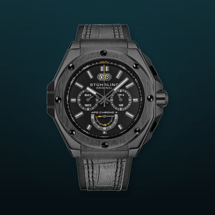 Mens Sport Watch Grey/Leather | Black Dial