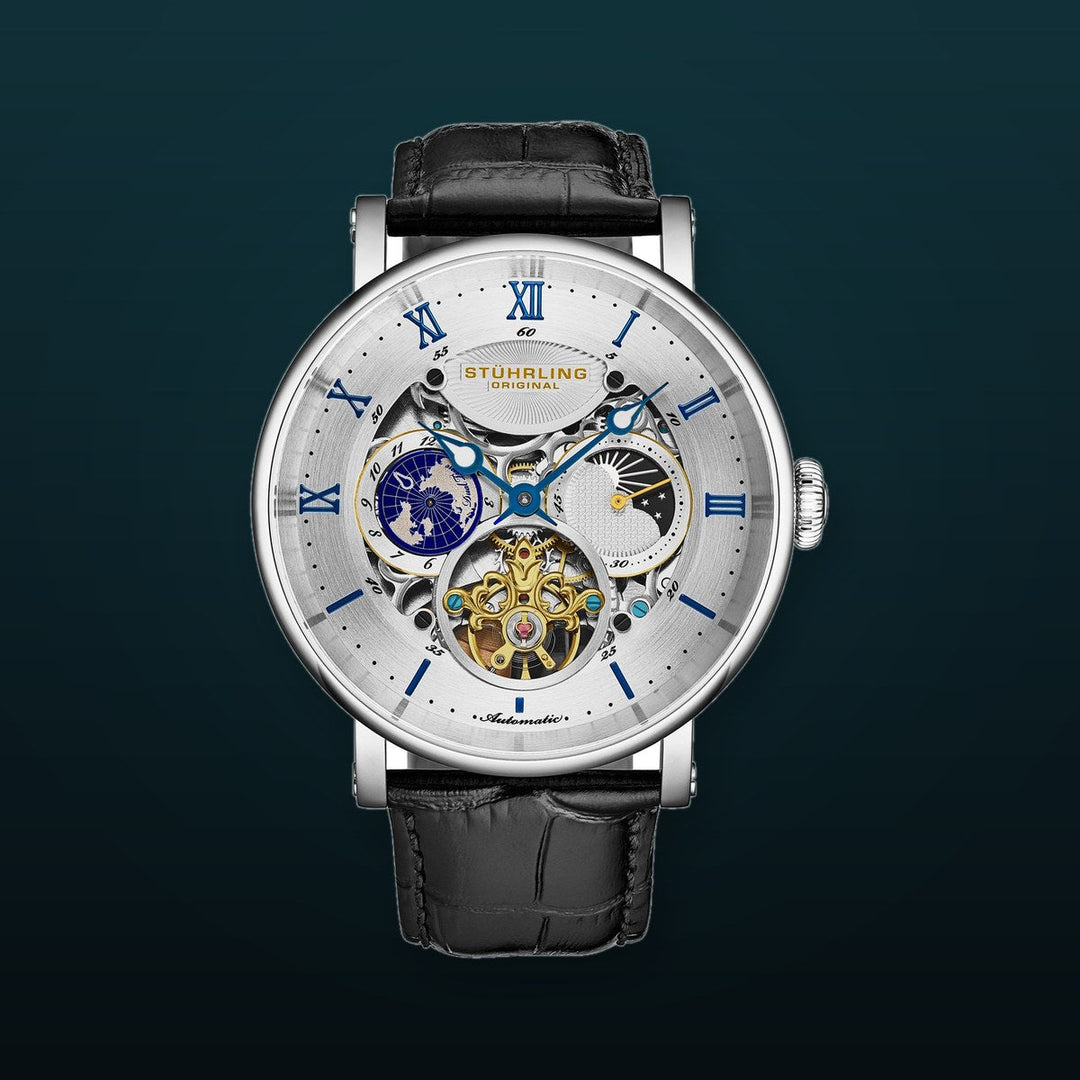 Dual Time Automatic Majestic 47mm Skeleton Black/Silver | White Dial