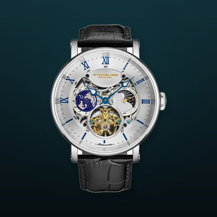 Dual Time Automatic Majestic 47mm Skeleton Black/Silver | White Dial