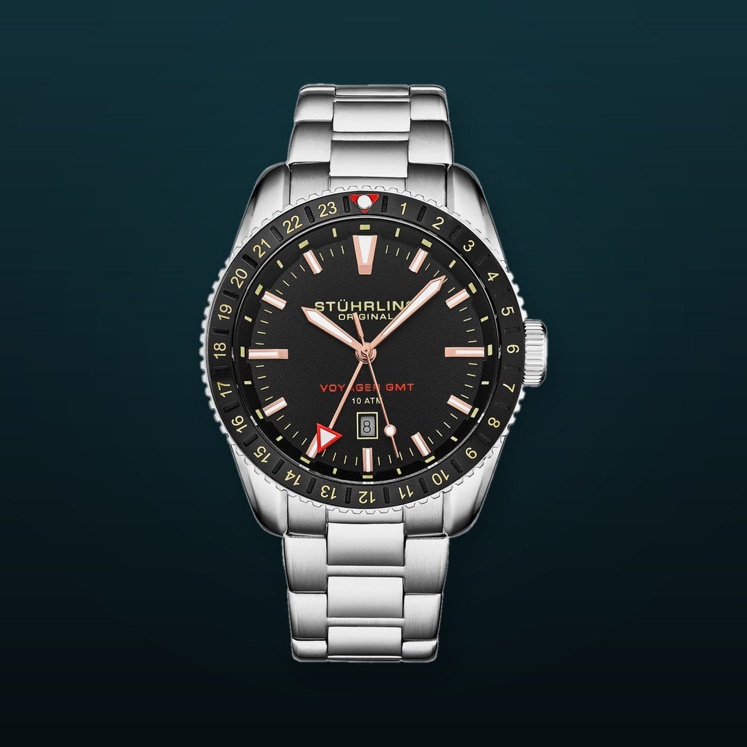 Voyager GMT 4017 Quartz GMT 42mm Diver Silver/Stainless Steel | Black Dial