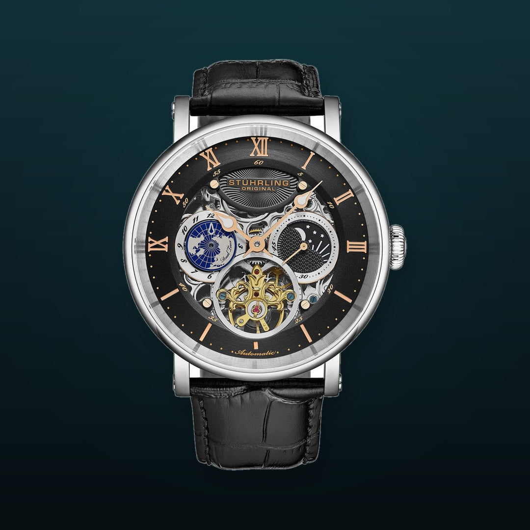 Dual Time Automatic Majestic 47mm Skeleton Black/Leather | Black Dial