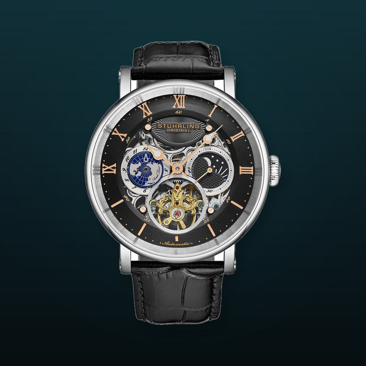 Dual Time Automatic Majestic 47mm Skeleton Black/Leather | Black Dial