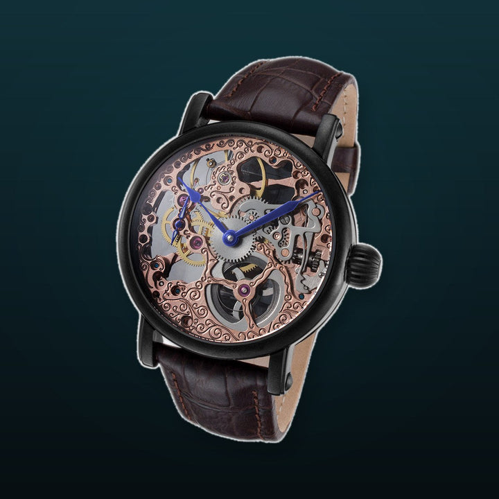 Skeleton Series black leather/rose gold | Gold Dial