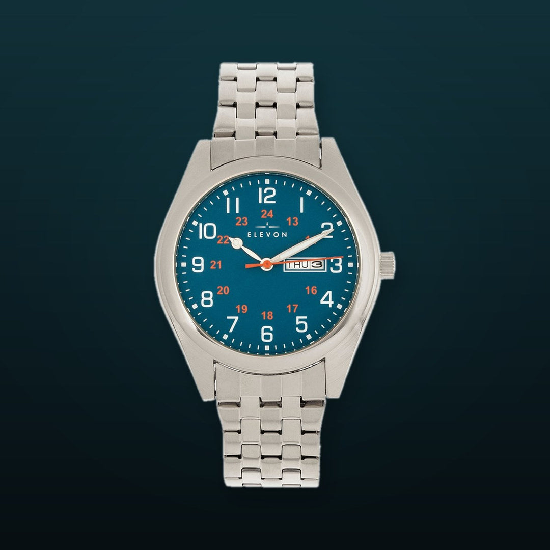 Gann Bracelet Watch w Day/Date Silver/Teal | Blue Dial