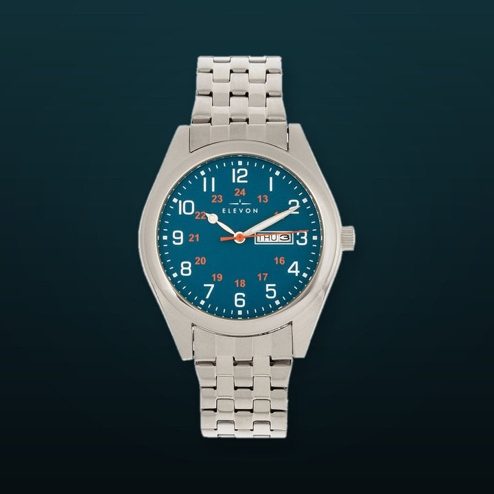 Gann Bracelet Watch w Day/Date Silver/Teal | Blue Dial