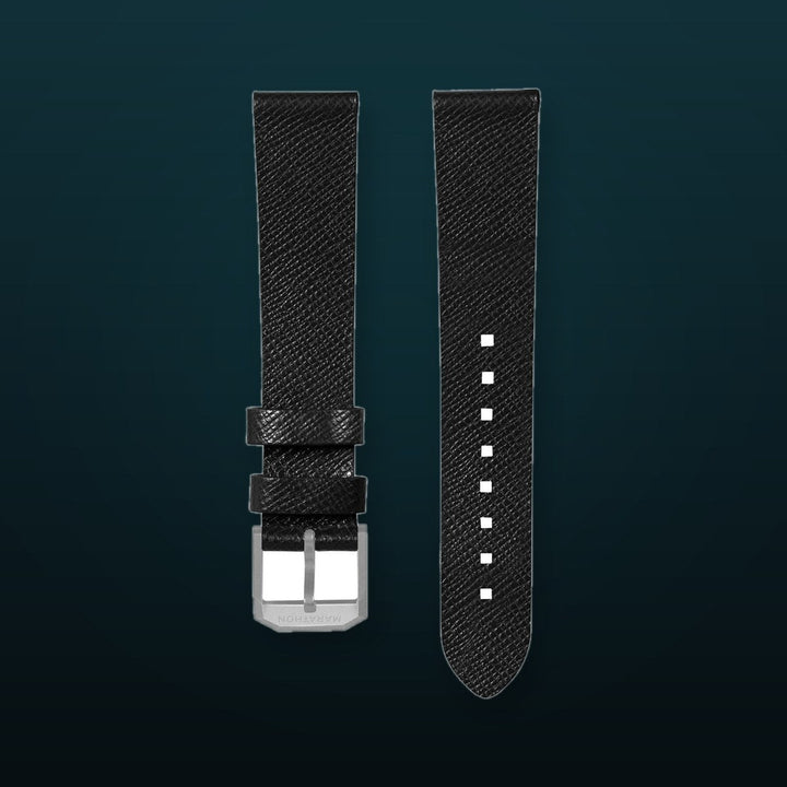 STRAP, 20mm, ITALIAN LEATHER, CROSS HATCH, PARKERIZED BUCKLE, BLACK, XL ITALIAN LEATHER, CROSS HATCH