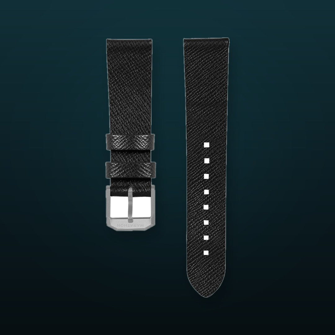STRAP, 20mm, ITALIAN LEATHER, CROSS HATCH, PARKERIZED BUCKLE, BLACK, STANDARD ITALIAN LEATHER, CROSS HATCH