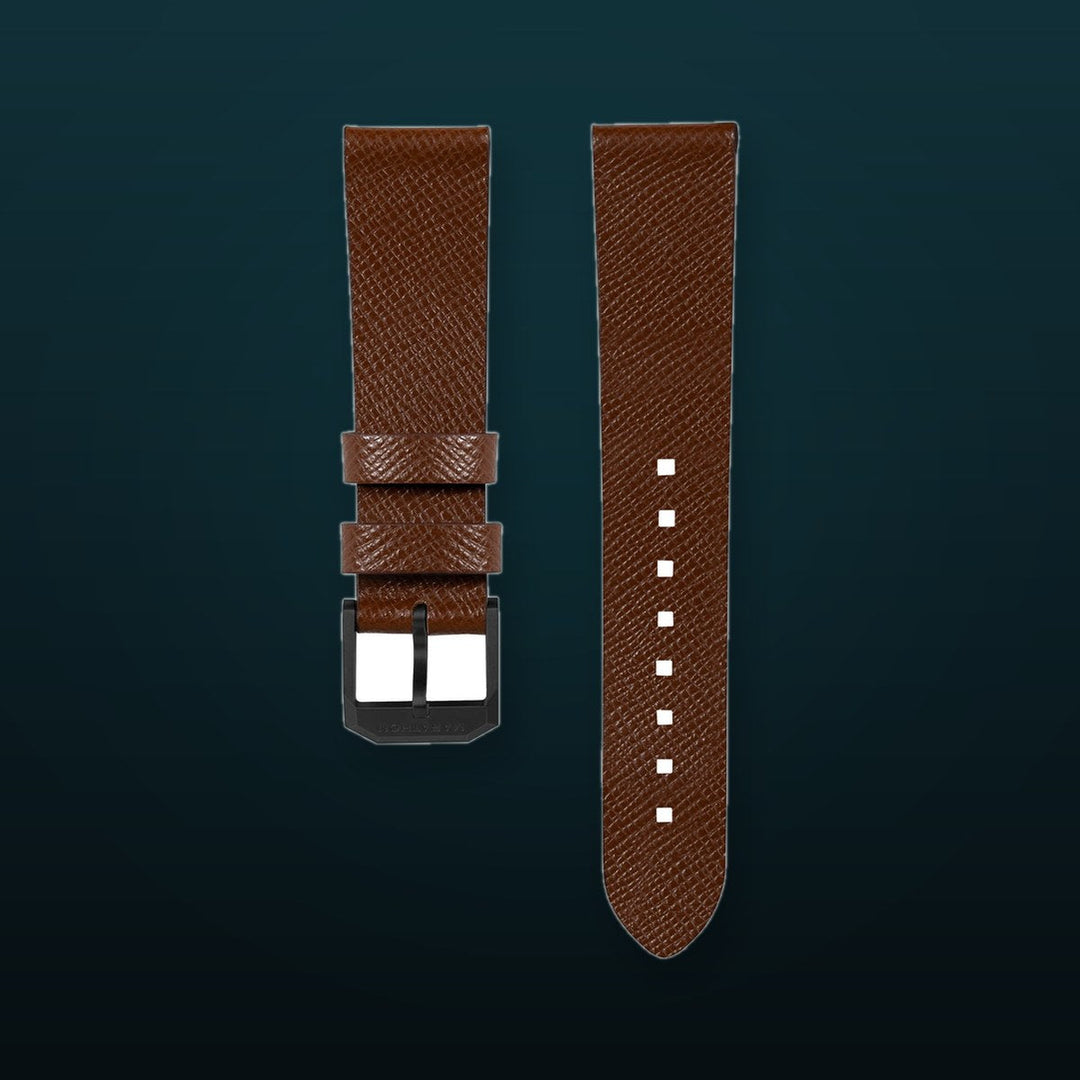 STRAP, 20mm, ITALIAN LEATHER, CROSS HATCH, IP BLACK BUCKLE, COGNAC, STANDARD ITALIAN LEATHER, CROSS HATCH