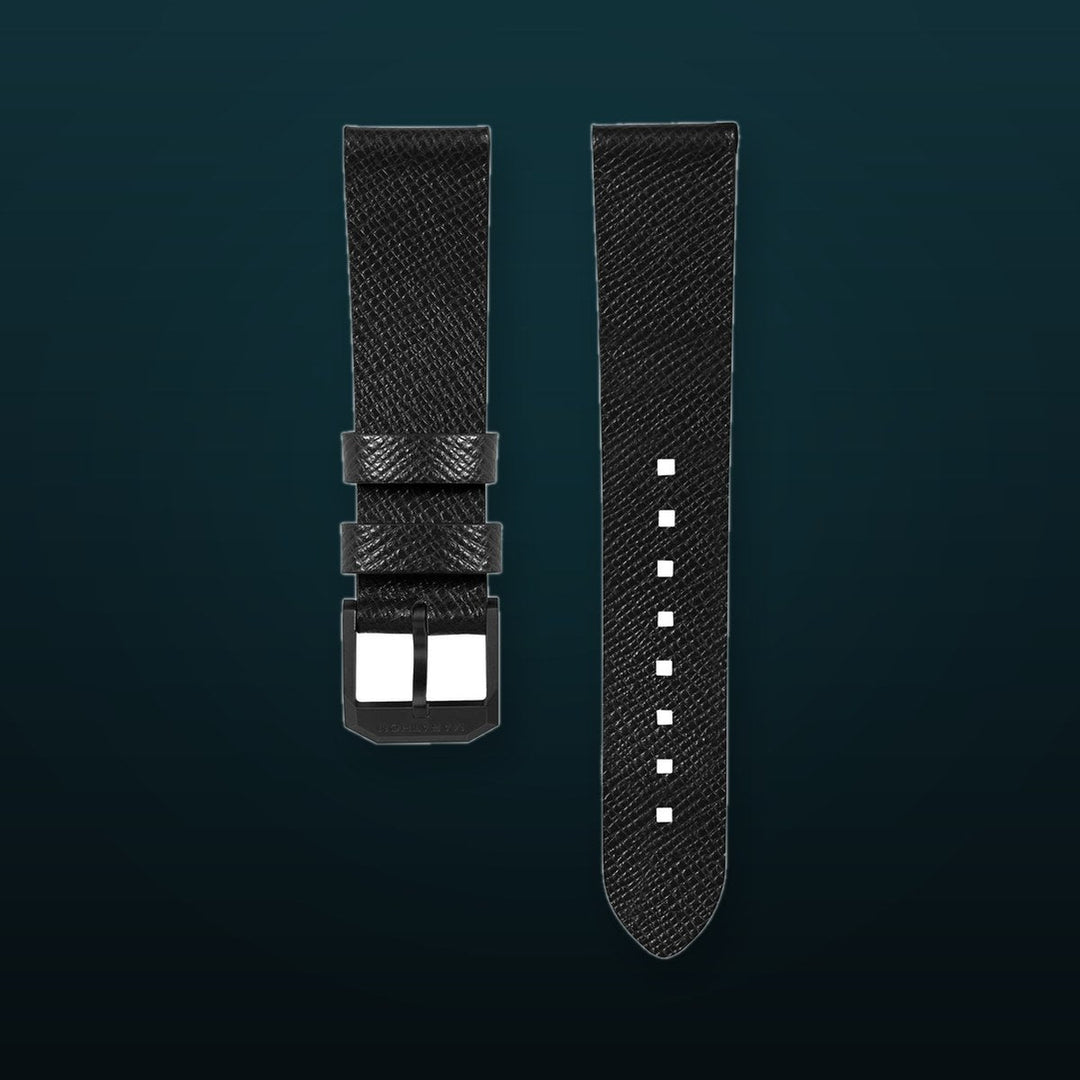STRAP, 20mm, ITALIAN LEATHER, CROSS HATCH, IP BLACK BUCKLE, BLACK, STANDARD ITALIAN LEATHER, CROSS HATCH