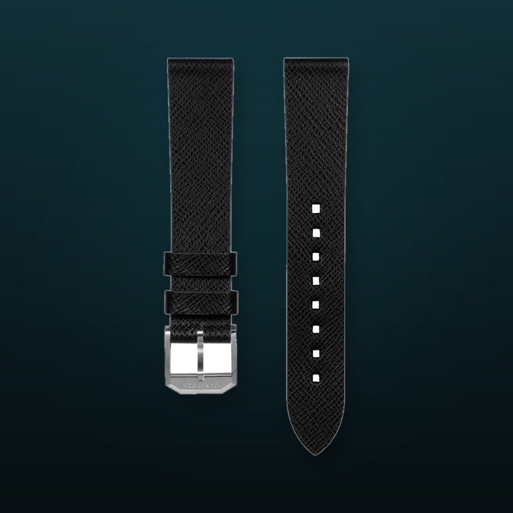 STRAP, 18mm, LEATHER, CROSS HATCH, BLACK, STEEL BUCKLE, XL ITALIAN LEATHER, CROSS HATCH