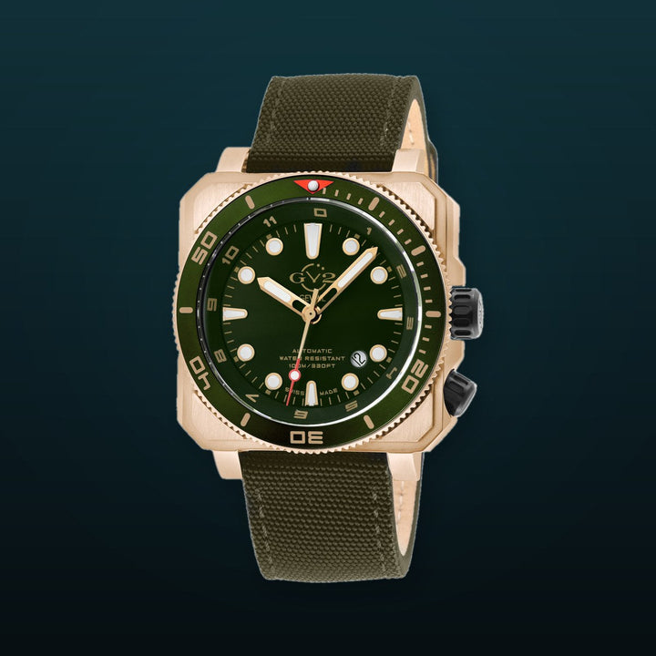 XO small Swiss Made SW200  inner and outer rotating bezel, metal band  olive  Black | Green Dial