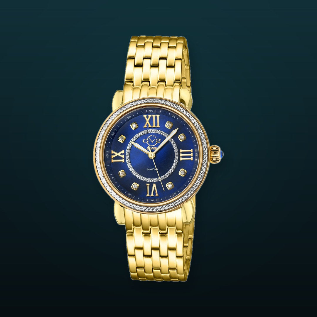 Marsala GV2 Women's Diamond Swiss Quartz Watch, White MOP dial, 8 Diamonds, SS Bracelet | Blue Dial