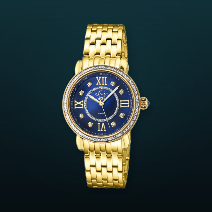 Marsala GV2 Women's Diamond Swiss Quartz Watch, White MOP dial, 8 Diamonds, SS Bracelet | Blue Dial