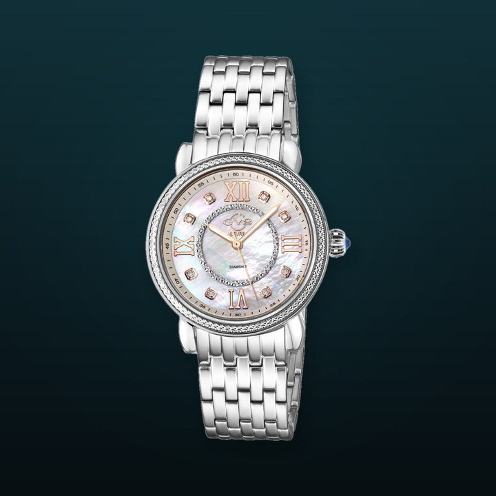 Marsala GV2 Women's Diamond Swiss Quartz Watch, White MOP dial, 8 Diamonds, SS Bracelet | White Dial